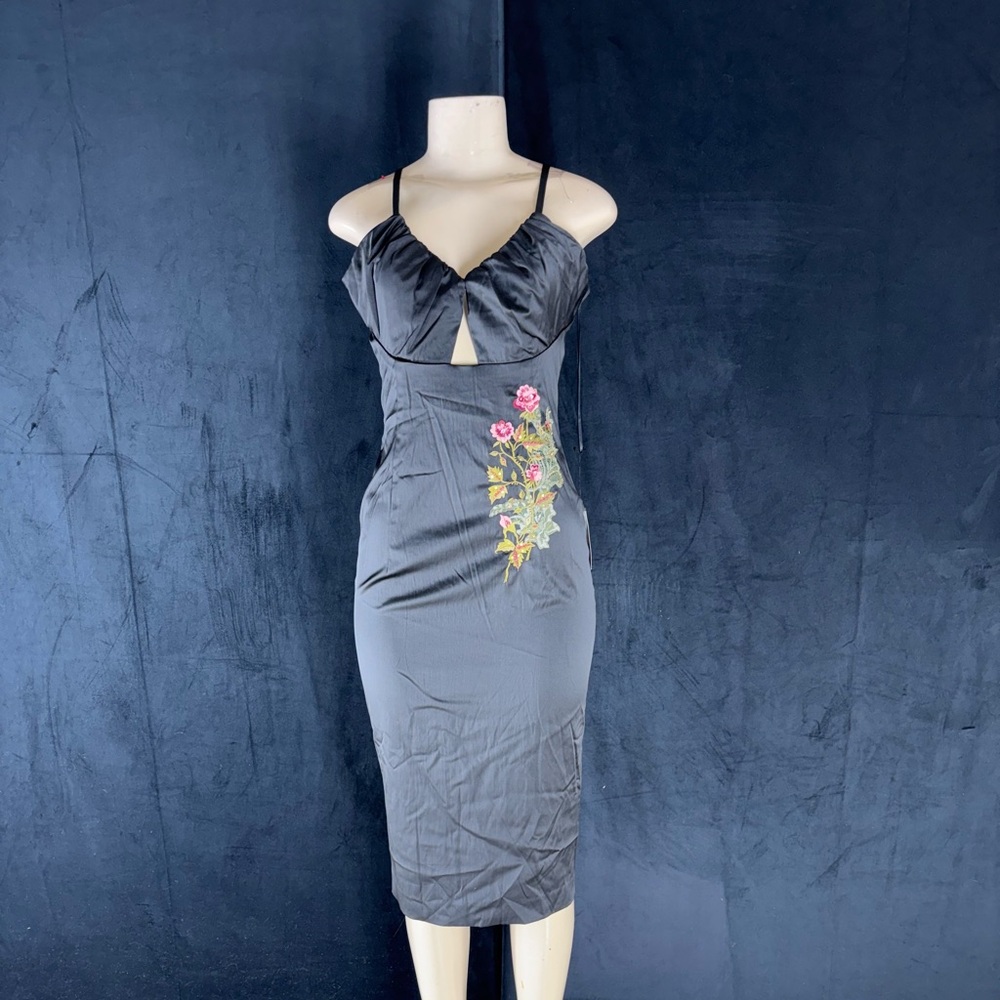 Chic Black Floral Embroidered Midi Dress by Mandalay